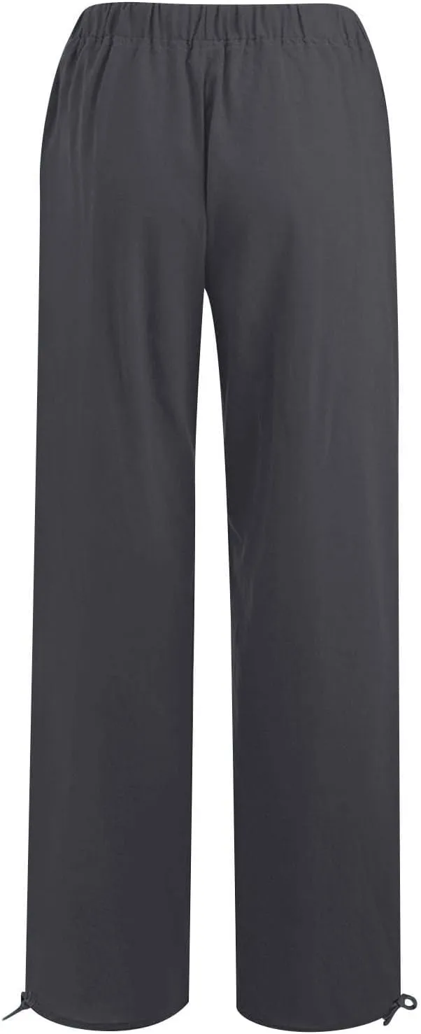 Women's Summer Drawstring Waist Wide Leg Loose Cotton Linen Palazzo Pants Drawstring Casual Trousers Plus Size
