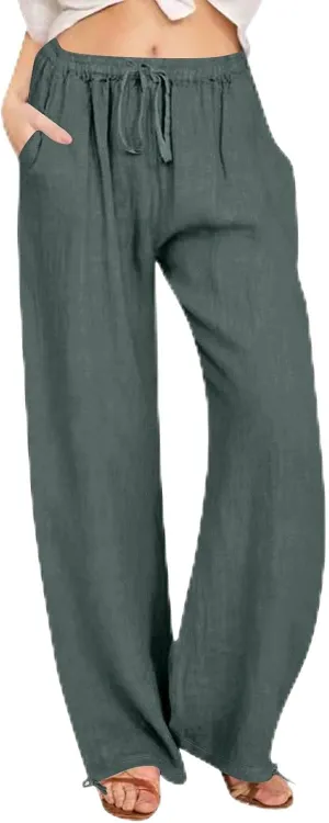 Women's Summer Drawstring Waist Wide Leg Loose Cotton Linen Palazzo Pants Drawstring Casual Trousers Plus Size
