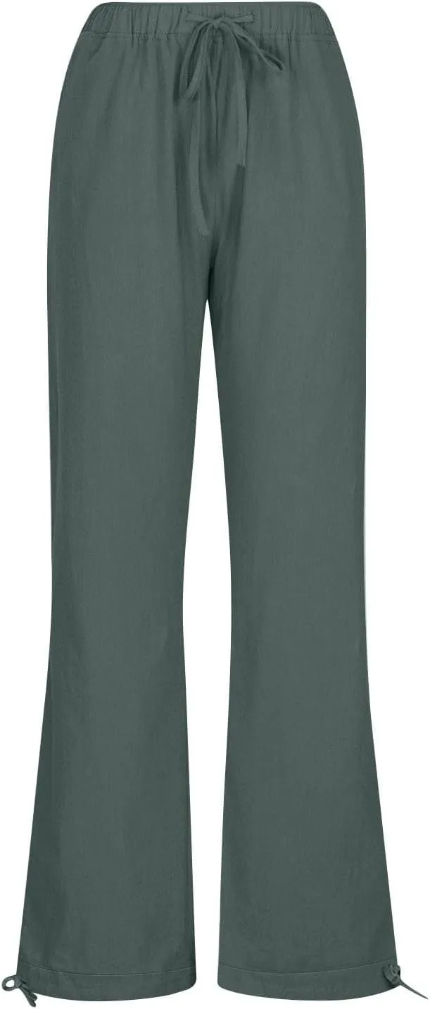 Women's Summer Drawstring Waist Wide Leg Loose Cotton Linen Palazzo Pants Drawstring Casual Trousers Plus Size