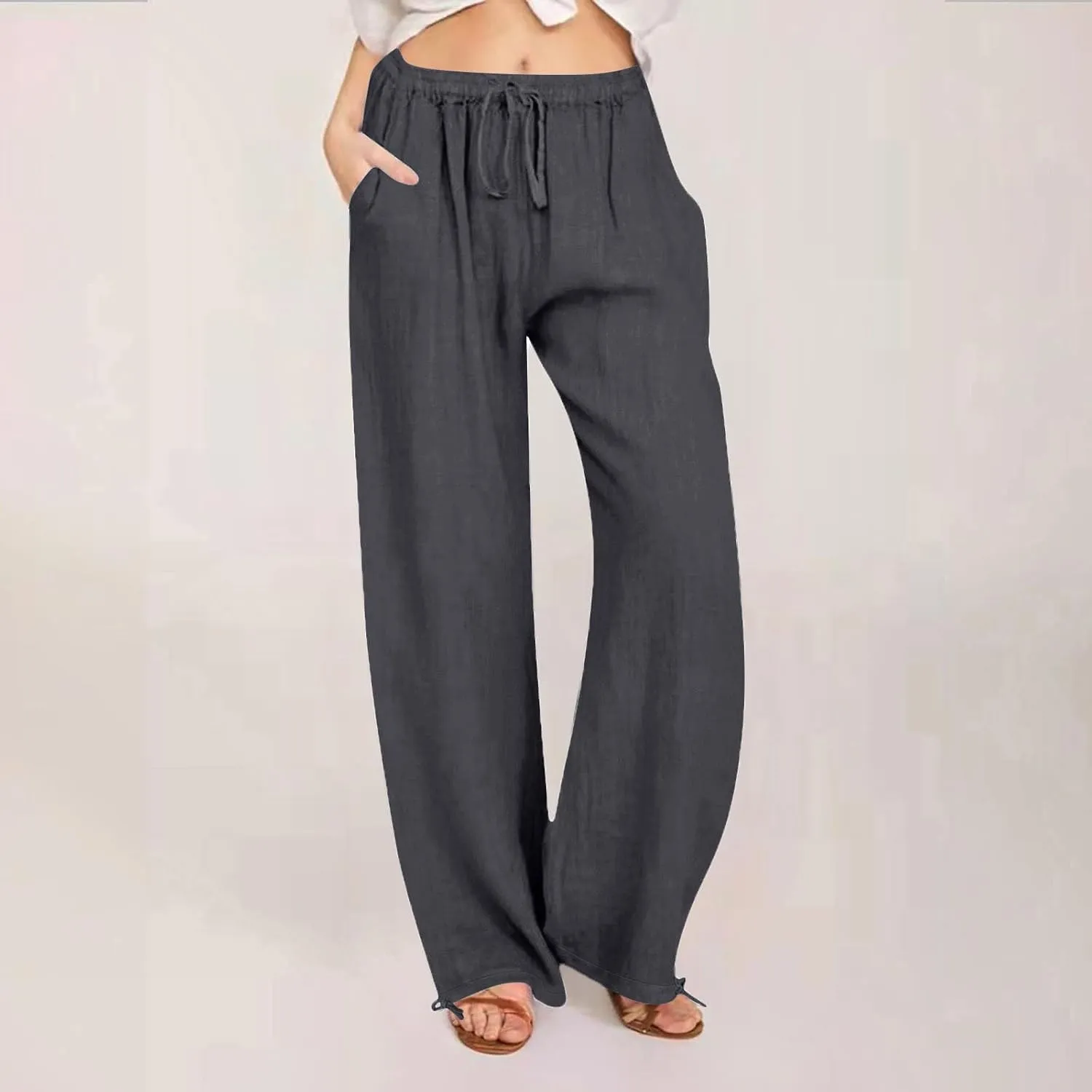 Women's Summer Drawstring Waist Wide Leg Loose Cotton Linen Palazzo Pants Drawstring Casual Trousers Plus Size