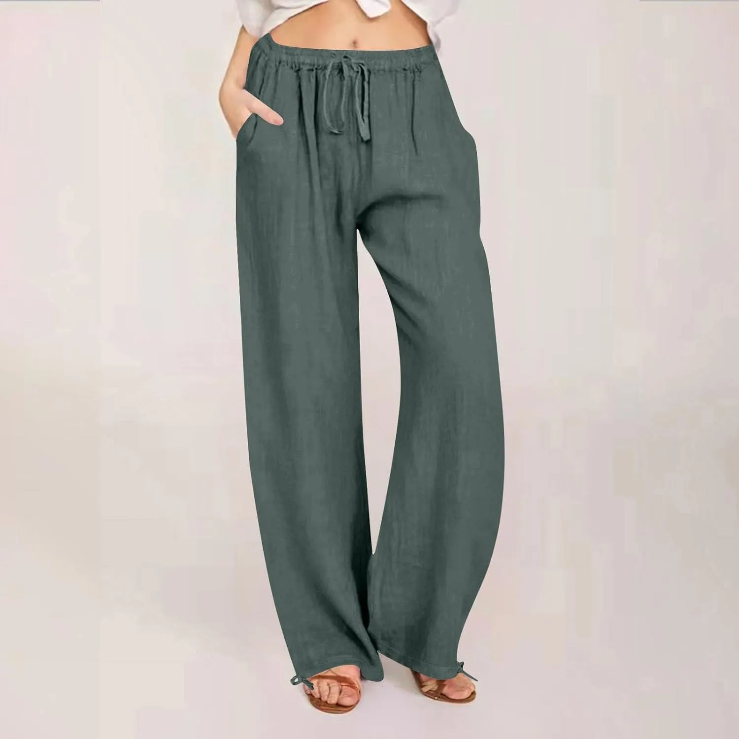 Women's Summer Drawstring Waist Wide Leg Loose Cotton Linen Palazzo Pants Drawstring Casual Trousers Plus Size