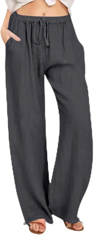 Women's Summer Drawstring Waist Wide Leg Loose Cotton Linen Palazzo Pants Drawstring Casual Trousers Plus Size