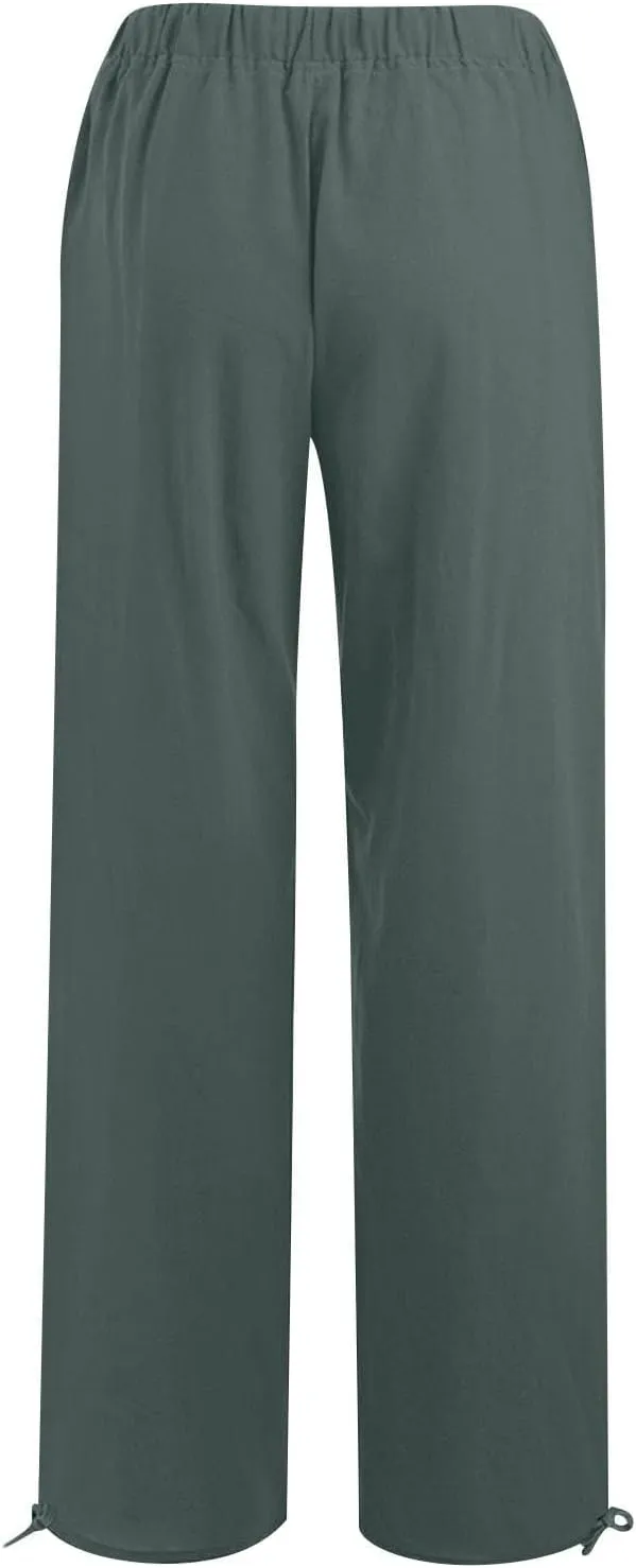 Women's Summer Drawstring Waist Wide Leg Loose Cotton Linen Palazzo Pants Drawstring Casual Trousers Plus Size
