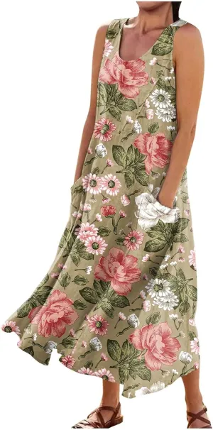 Women's Summer Dresses Cotton Linen Floral Print Dresses Sleeveless Beach Vacation Flowy Long Sundress with Pockets