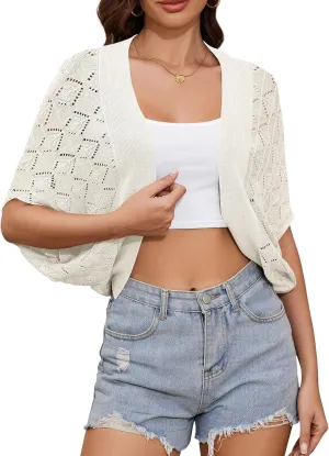 Women's Summer Lightweight Crochet Cardigan Shrug Open Front Batwing Sleeve Knit Summer Boho Cover Up