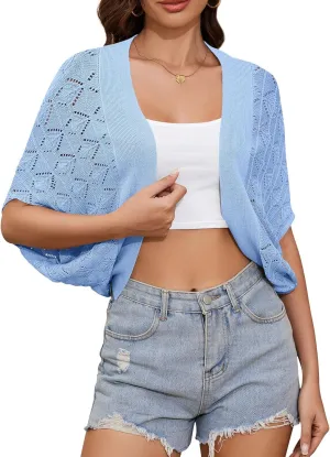 Women's Summer Lightweight Crochet Cardigan Shrug Open Front Batwing Sleeve Knit Summer Boho Cover Up
