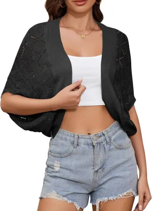 Women's Summer Lightweight Crochet Cardigan Shrug Open Front Batwing Sleeve Knit Summer Boho Cover Up
