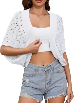 Women's Summer Lightweight Crochet Cardigan Shrug Open Front Batwing Sleeve Knit Summer Boho Cover Up