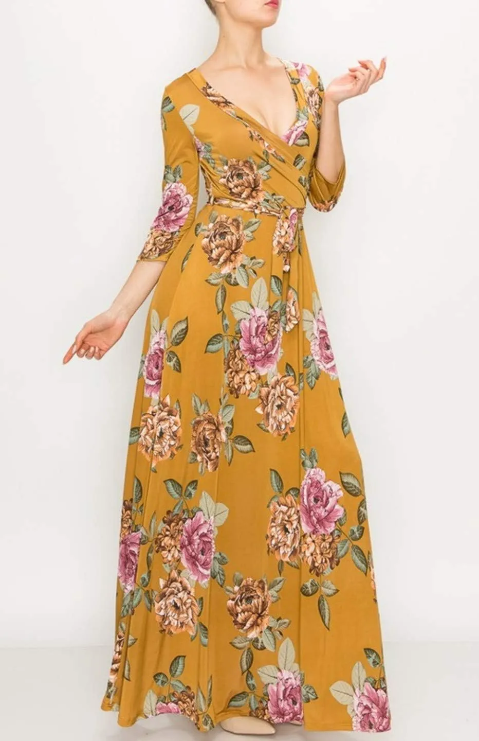 Women's Super Stretchy Maxi Party Dress Spring Floral Print Faux Wrap 3/4 Sleeve V-Neck