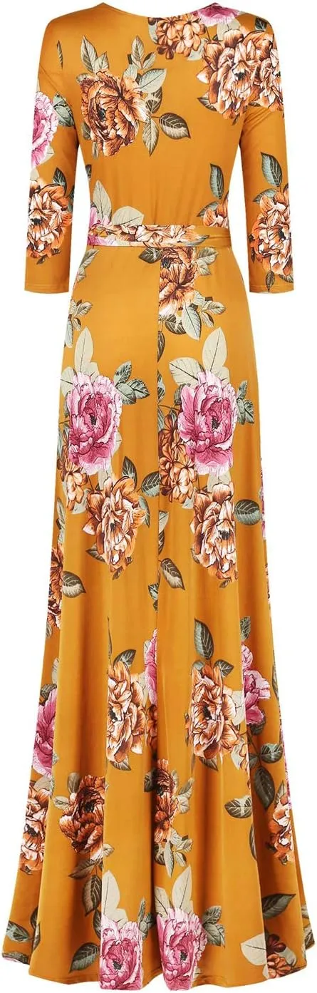 Women's Super Stretchy Maxi Party Dress Spring Floral Print Faux Wrap 3/4 Sleeve V-Neck