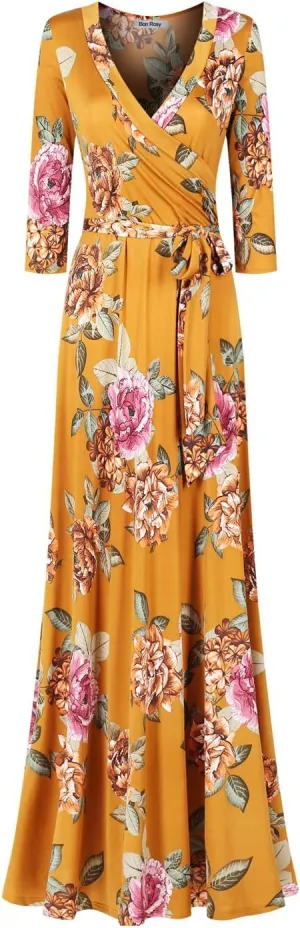 Women's Super Stretchy Maxi Party Dress Spring Floral Print Faux Wrap 3/4 Sleeve V-Neck