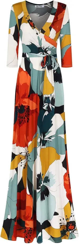 Women's Super Stretchy Maxi Party Dress Summer Beach Faux Wrap 3/4 Sleeve V-Neck Floral Print