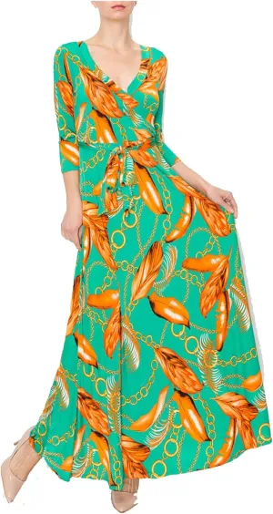 Women's Super Stretchy Maxi Party Dress Summer Beach Faux Wrap 3/4 Sleeve V-Neck Floral Print