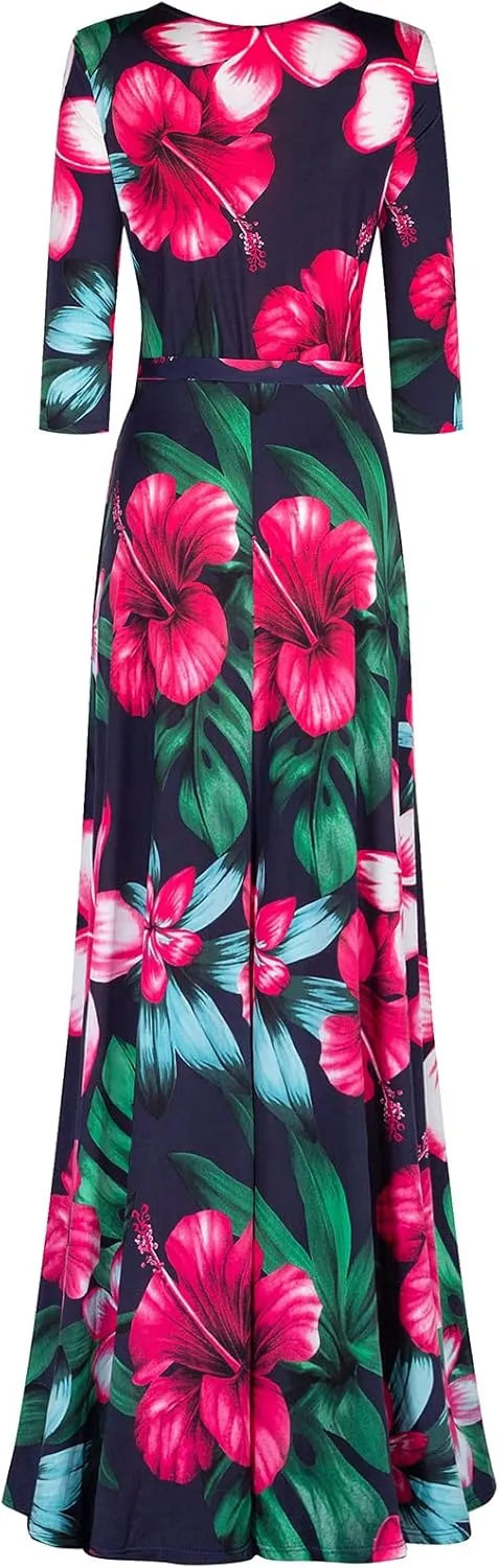Women's Super Stretchy Maxi Party Dress Summer Beach Faux Wrap 3/4 Sleeve V-Neck Floral Print
