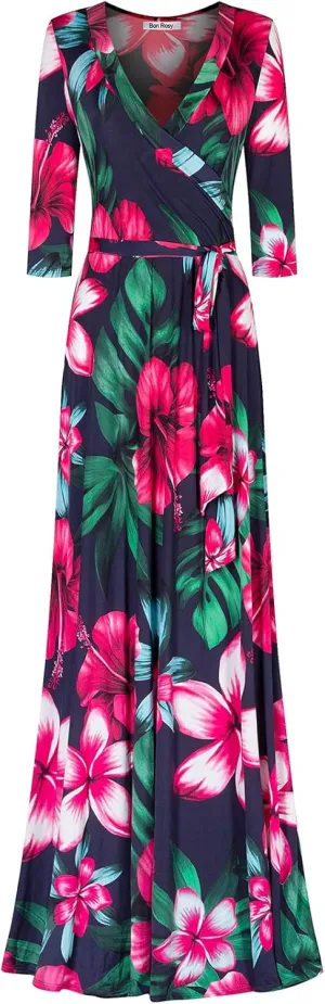 Women's Super Stretchy Maxi Party Dress Summer Beach Faux Wrap 3/4 Sleeve V-Neck Floral Print
