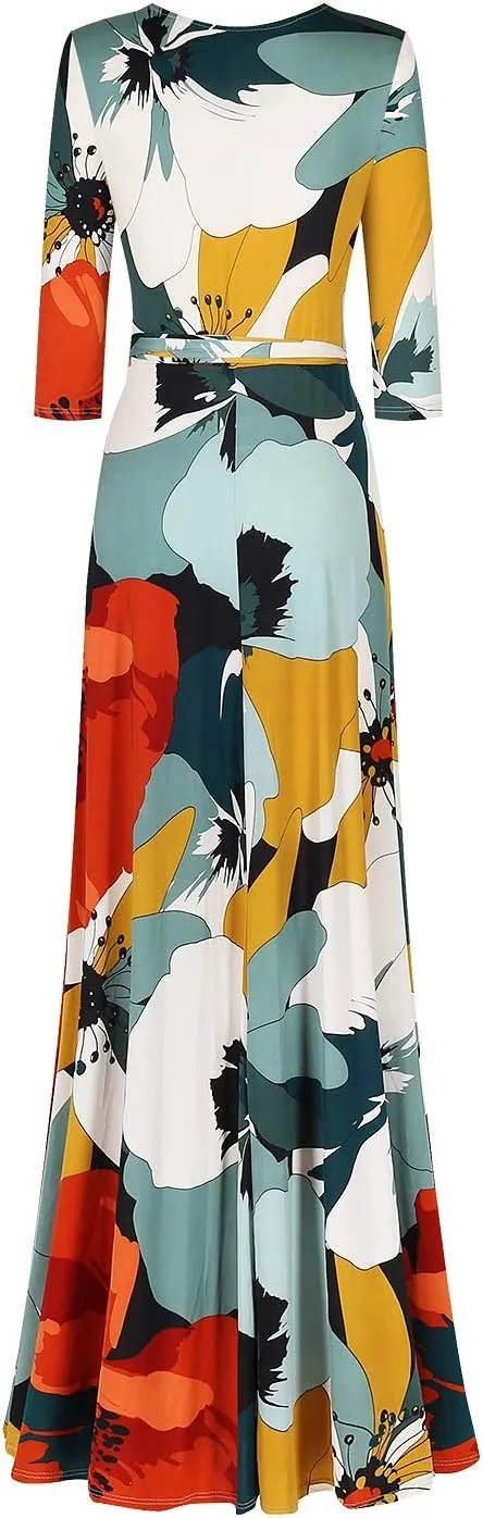 Women's Super Stretchy Maxi Party Dress Summer Beach Faux Wrap 3/4 Sleeve V-Neck Floral Print
