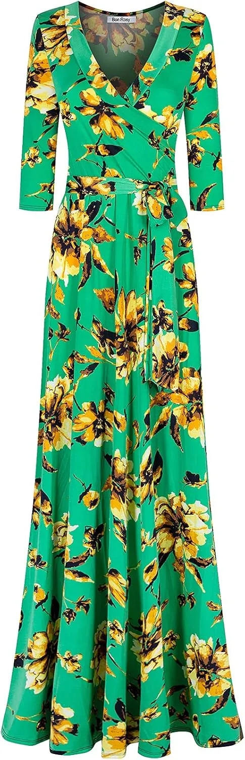 Women's Super Stretchy Maxi Party Dress Summer Beach Faux Wrap 3/4 Sleeve V-Neck Floral Print