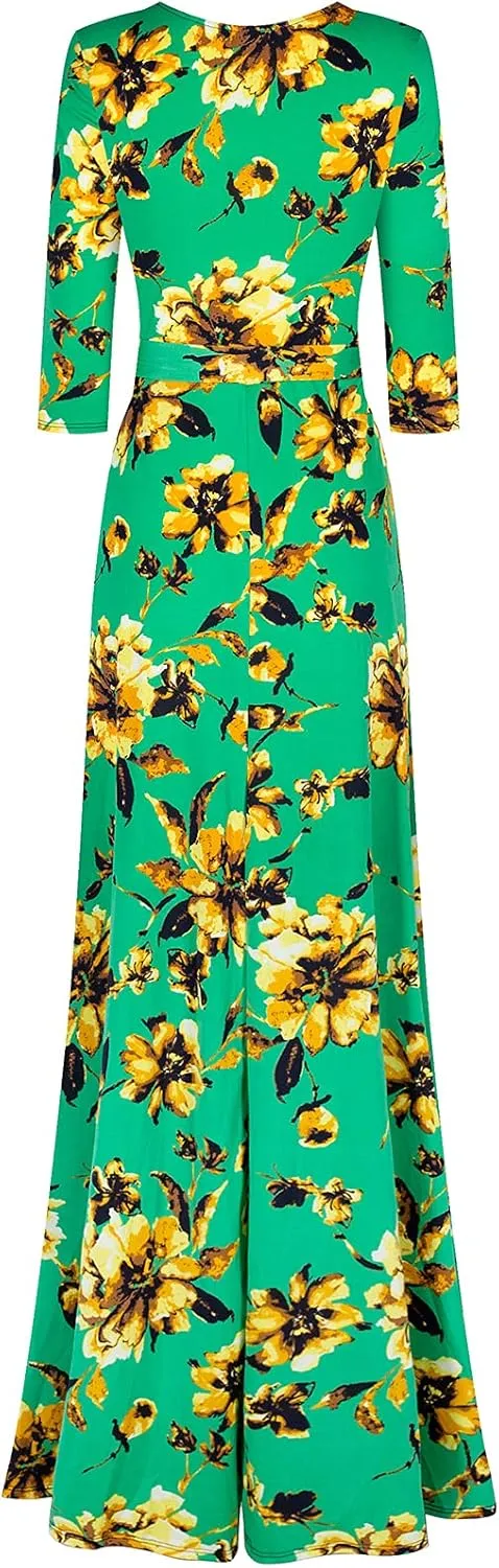 Women's Super Stretchy Maxi Party Dress Summer Beach Faux Wrap 3/4 Sleeve V-Neck Floral Print