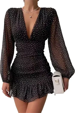 Womens Swiss Dot Pleated A Line Flowy Dresses 2024 Fall Long Sleeve V Neck Dress Loose Ruffle Cute Mini Short Dress