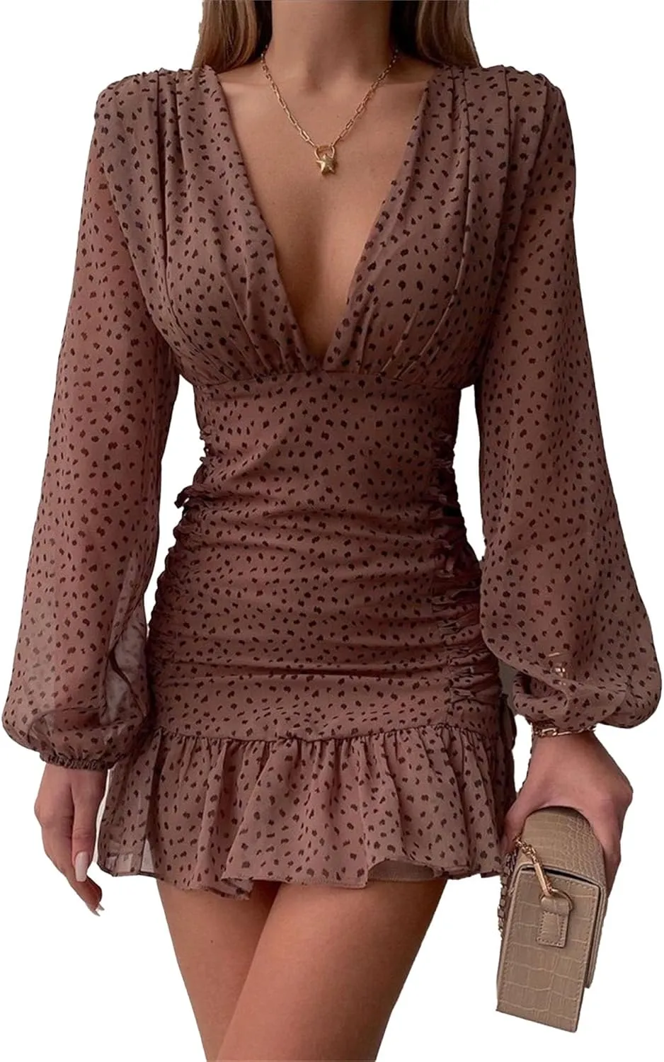 Womens Swiss Dot Pleated A Line Flowy Dresses 2024 Fall Long Sleeve V Neck Dress Loose Ruffle Cute Mini Short Dress
