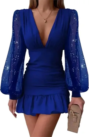 Womens Swiss Dot Pleated A Line Flowy Dresses 2024 Fall Long Sleeve V Neck Dress Loose Ruffle Cute Mini Short Dress