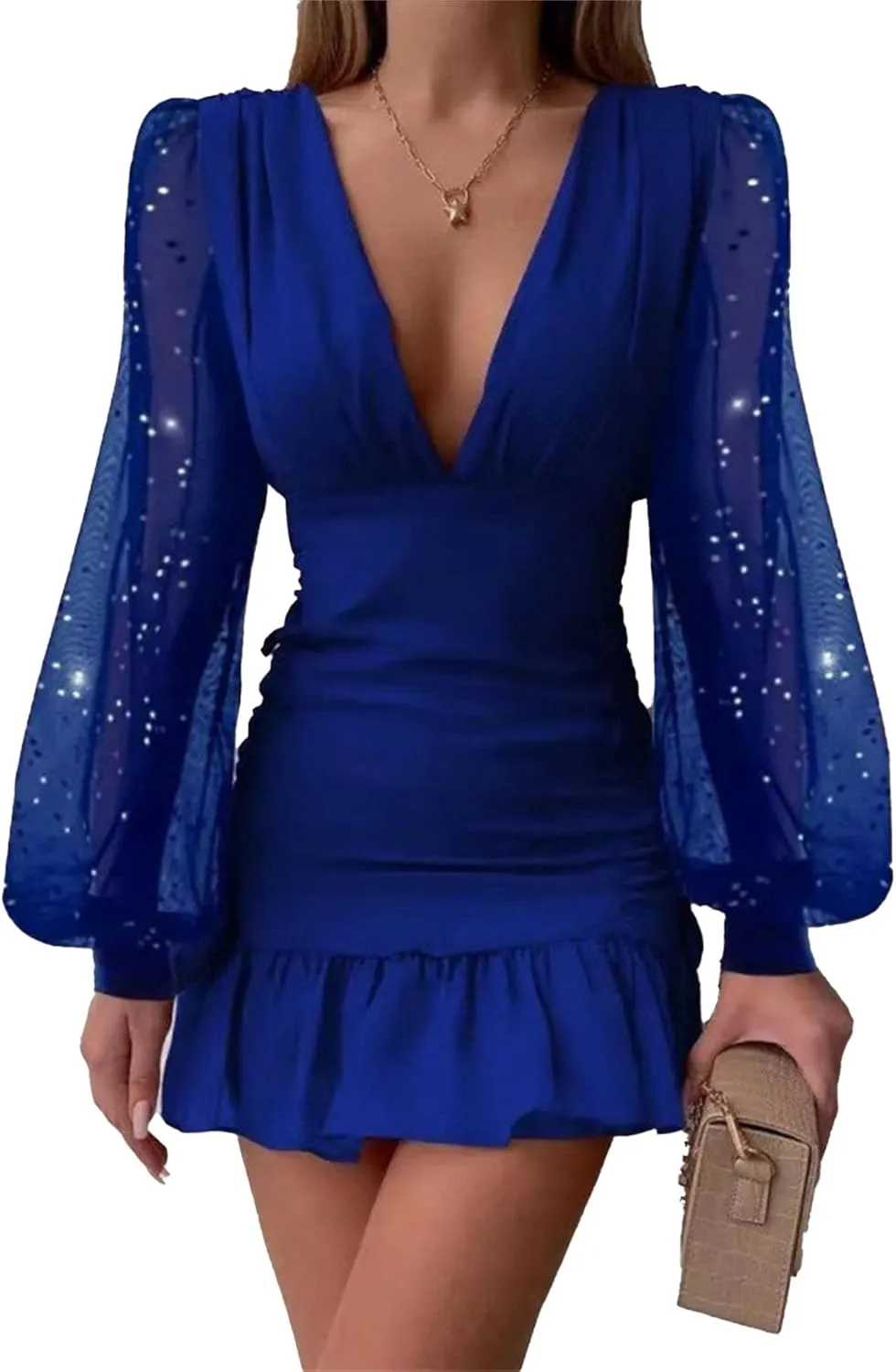 Womens Swiss Dot Pleated A Line Flowy Dresses 2024 Fall Long Sleeve V Neck Dress Loose Ruffle Cute Mini Short Dress