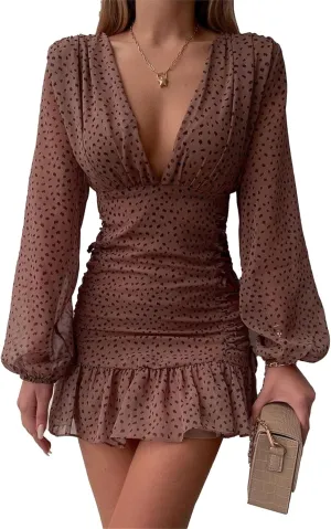 Womens Swiss Dot Pleated A Line Flowy Dresses 2024 Fall Long Sleeve V Neck Dress Loose Ruffle Cute Mini Short Dress