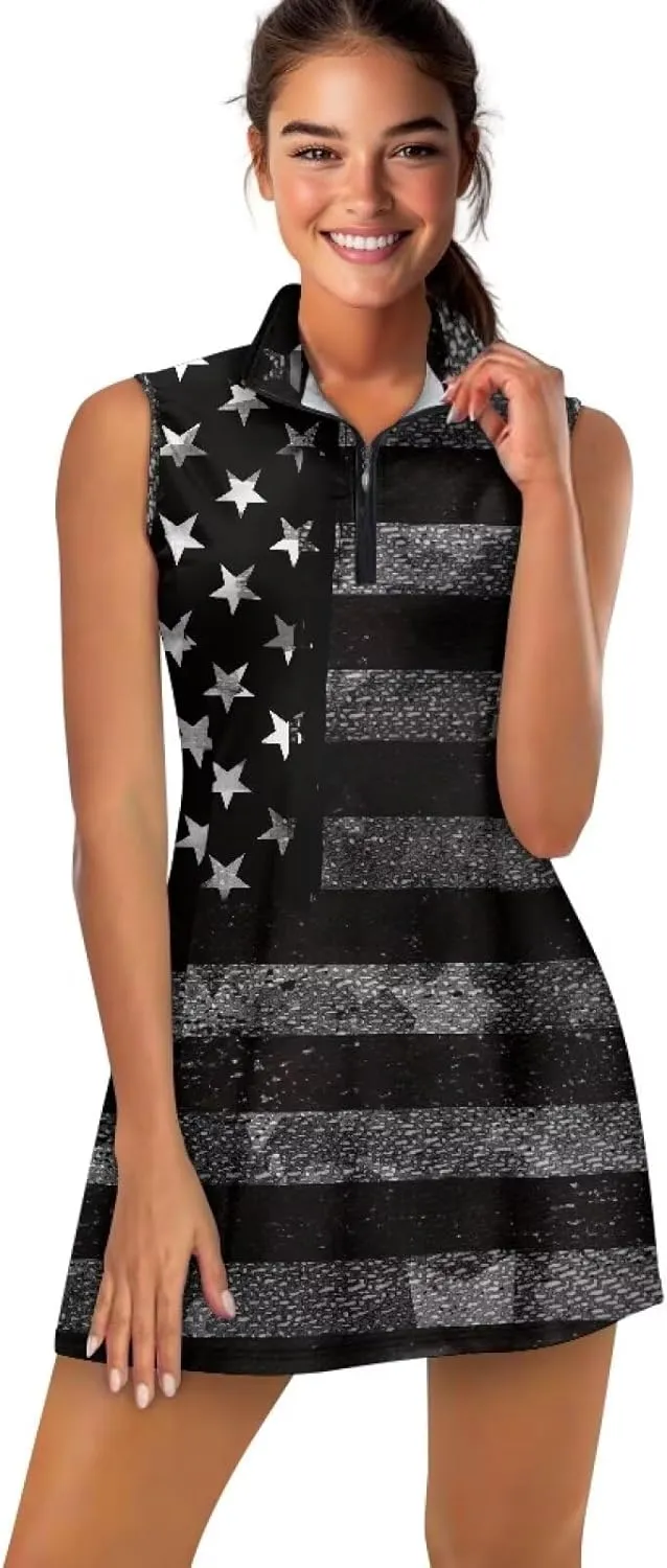 Women's Tennis Golf Dresses with Built in Shorts and Pockets Zip Up Athletic Sleeveless Dress Workout Activewear