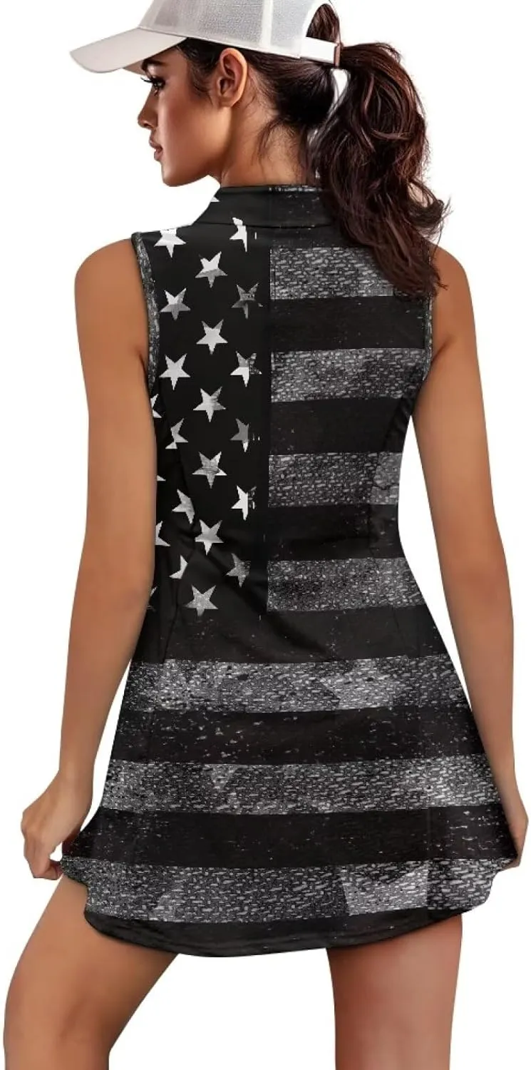 Women's Tennis Golf Dresses with Built in Shorts and Pockets Zip Up Athletic Sleeveless Dress Workout Activewear