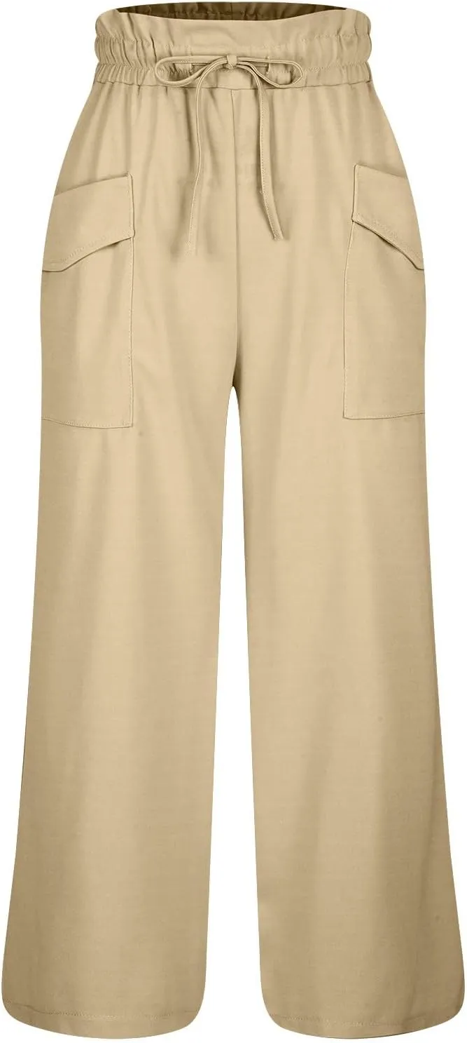 Women's Wide Leg Lounge Pants with Pockets High Waisted Palazzo Tie Knot Flowy Trousers 2025 Cotton Linen Beach Pants