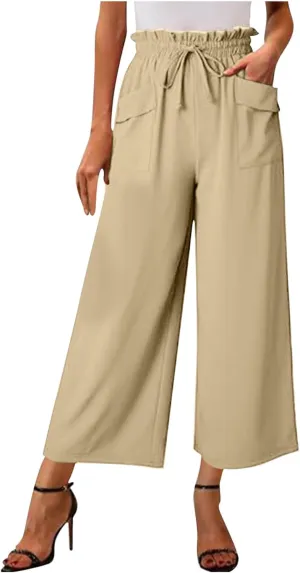 Women's Wide Leg Lounge Pants with Pockets High Waisted Palazzo Tie Knot Flowy Trousers 2025 Cotton Linen Beach Pants