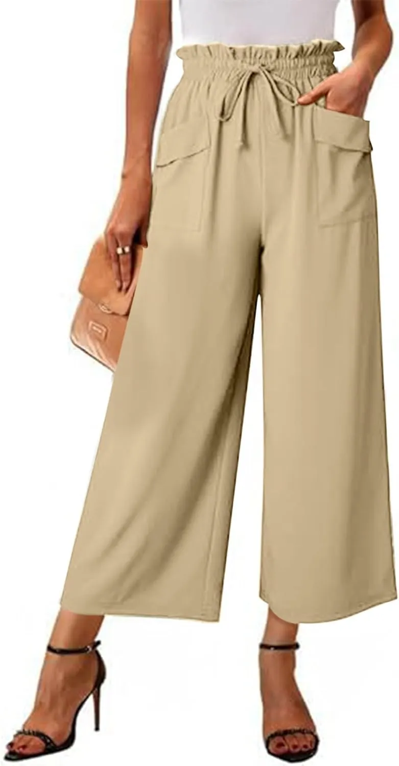 Women's Wide Leg Lounge Pants with Pockets High Waisted Palazzo Tie Knot Flowy Trousers 2025 Cotton Linen Beach Pants