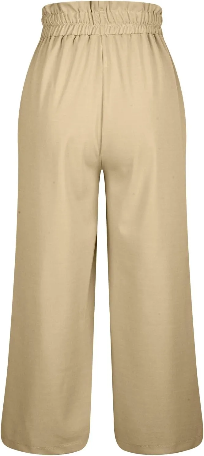 Women's Wide Leg Lounge Pants with Pockets High Waisted Palazzo Tie Knot Flowy Trousers 2025 Cotton Linen Beach Pants