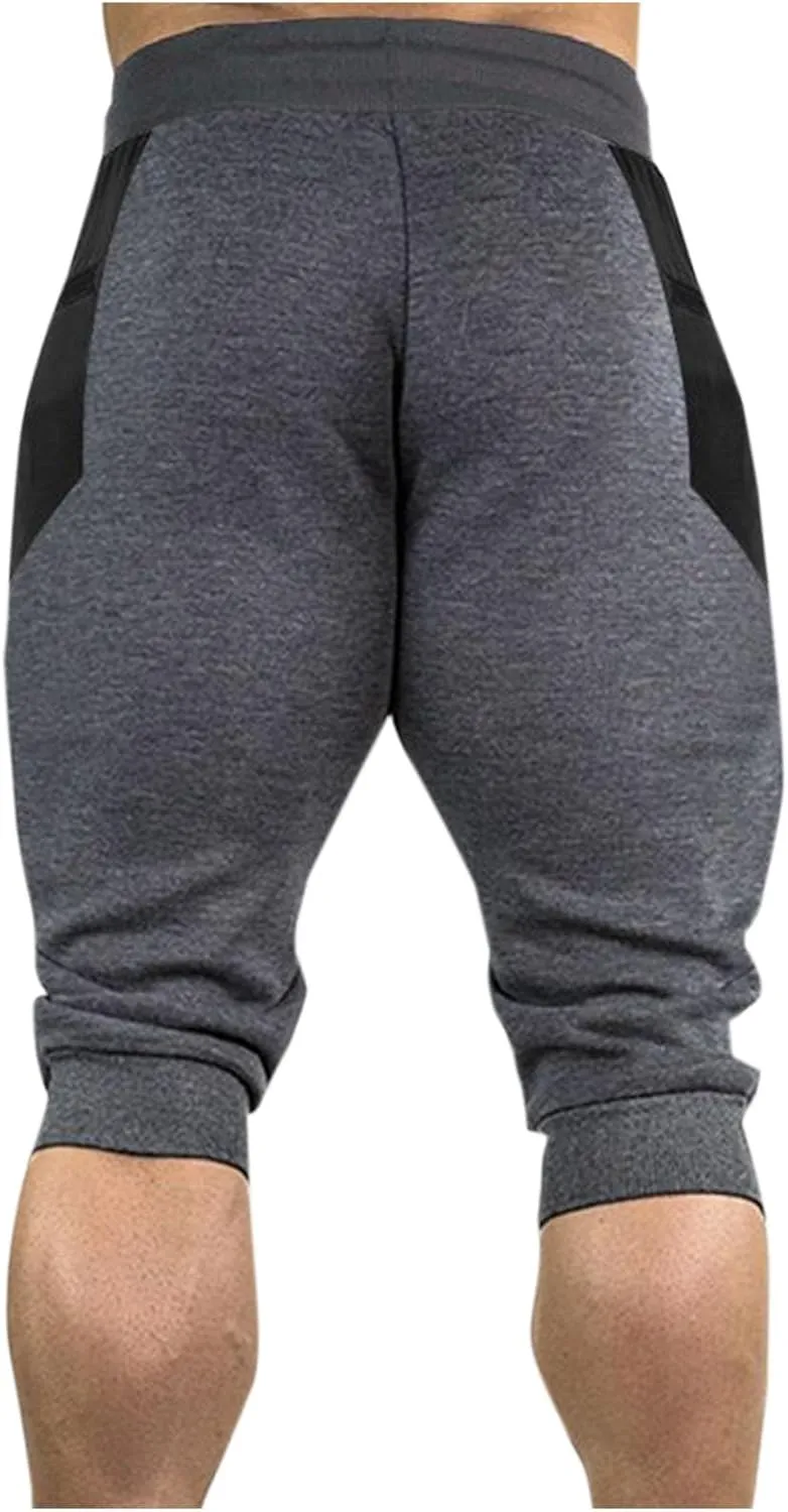 Workout Capris for Men Elastic Waist Drawstring Lightweight Shorts Trousers Slim Fit Running Hiking Pant