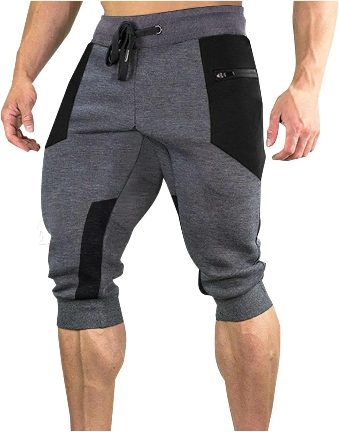 Workout Capris for Men Elastic Waist Drawstring Lightweight Shorts Trousers Slim Fit Running Hiking Pant