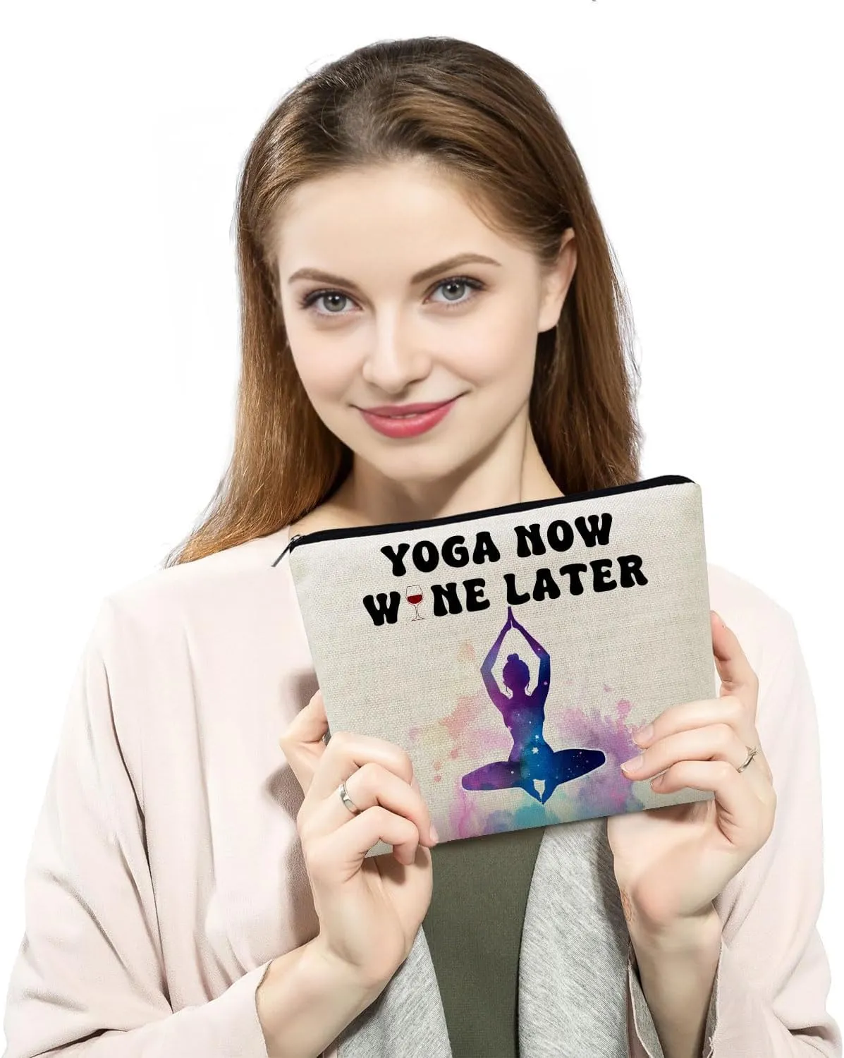 Yoga Presents Yoga Now Wine Later Canvas Makeup Bag Toiletry Pouch with Zipper Birthday Present Cosmetic Bag for Women Yoga Lovers Yoga Teachers Sisters Friends