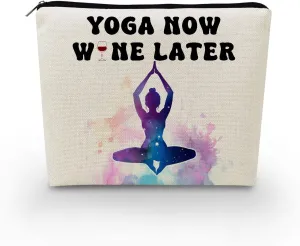 Yoga Presents Yoga Now Wine Later Canvas Makeup Bag Toiletry Pouch with Zipper Birthday Present Cosmetic Bag for Women Yoga Lovers Yoga Teachers Sisters Friends