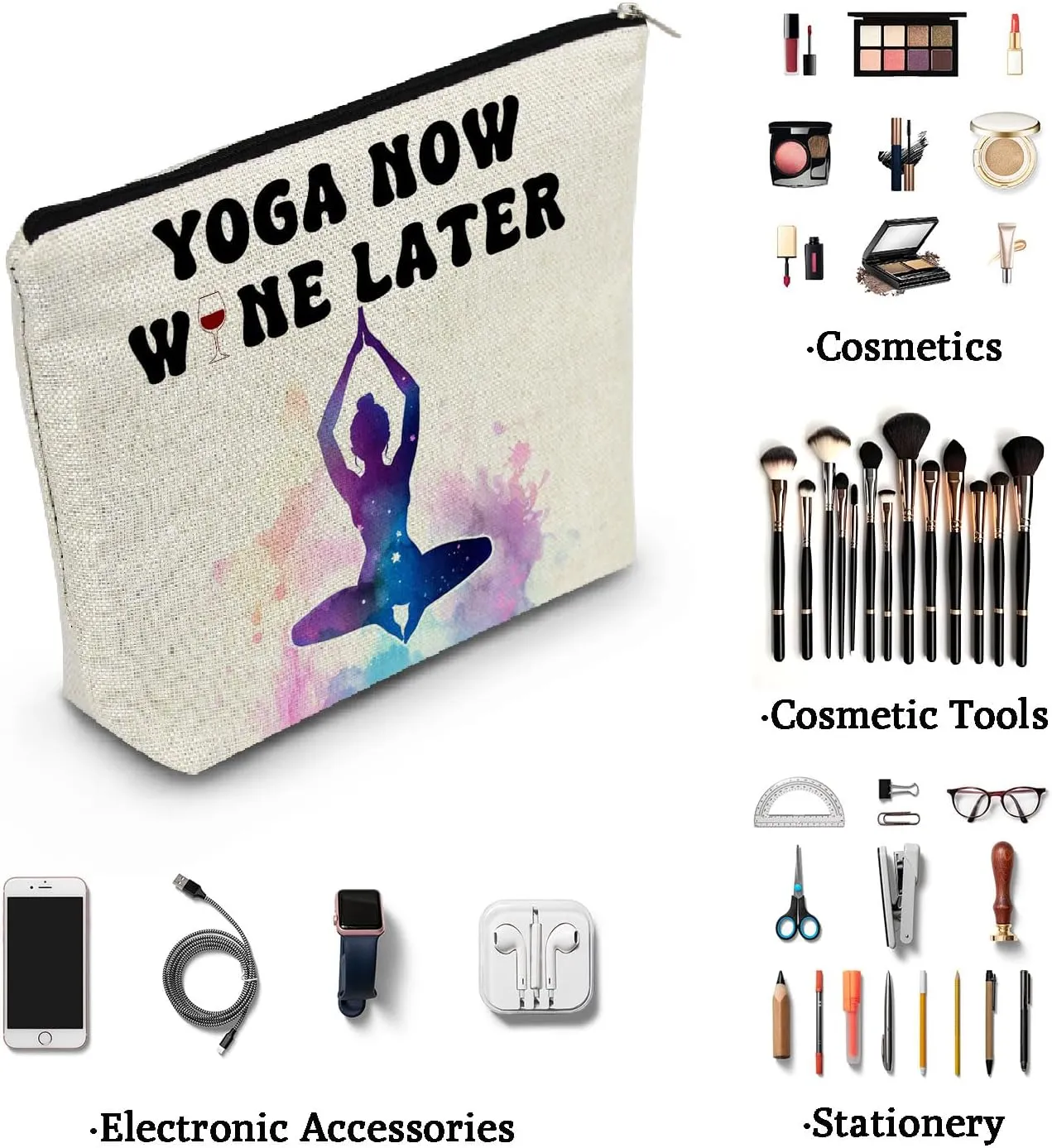 Yoga Presents Yoga Now Wine Later Canvas Makeup Bag Toiletry Pouch with Zipper Birthday Present Cosmetic Bag for Women Yoga Lovers Yoga Teachers Sisters Friends
