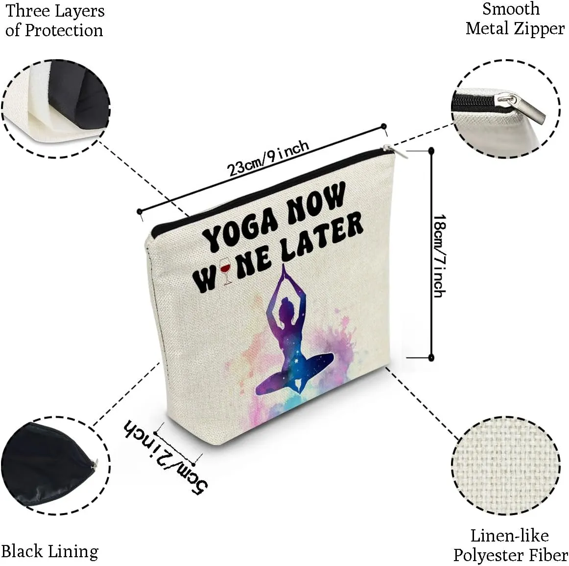 Yoga Presents Yoga Now Wine Later Canvas Makeup Bag Toiletry Pouch with Zipper Birthday Present Cosmetic Bag for Women Yoga Lovers Yoga Teachers Sisters Friends