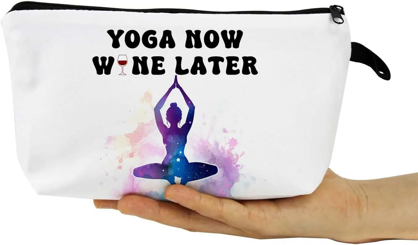Yoga Presents Yoga Now Wine Later Makeup Bag Toiletry Pouch with Zipper Birthday Christmas Appreciation Present Cosmetic Bag for Women Yoga Lovers Yoga Teachers Sisters Friends