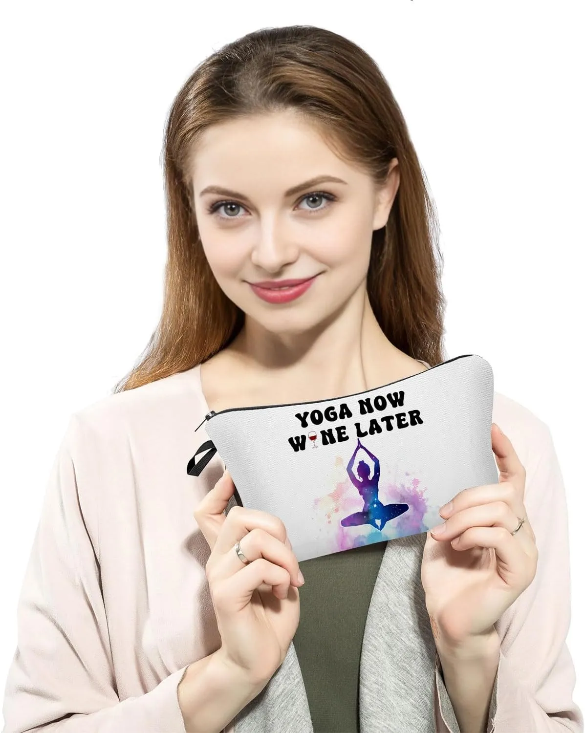 Yoga Presents Yoga Now Wine Later Makeup Bag Toiletry Pouch with Zipper Birthday Christmas Appreciation Present Cosmetic Bag for Women Yoga Lovers Yoga Teachers Sisters Friends