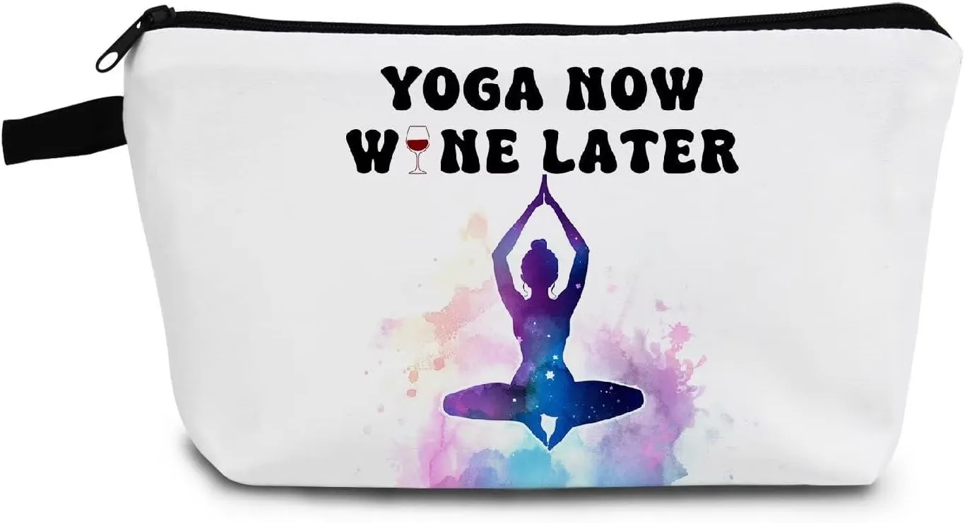 Yoga Presents Yoga Now Wine Later Makeup Bag Toiletry Pouch with Zipper Birthday Christmas Appreciation Present Cosmetic Bag for Women Yoga Lovers Yoga Teachers Sisters Friends