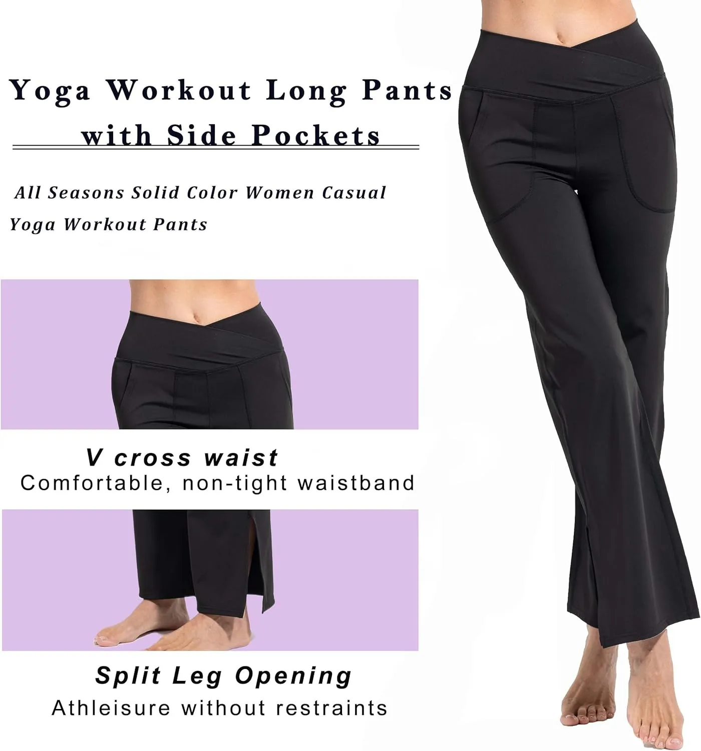 YUSHOW Womens Wide Yoga Pants with Pockets Crossover Black Yoga Pants High Waist
