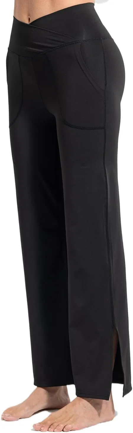 YUSHOW Womens Wide Yoga Pants with Pockets Crossover Black Yoga Pants High Waist