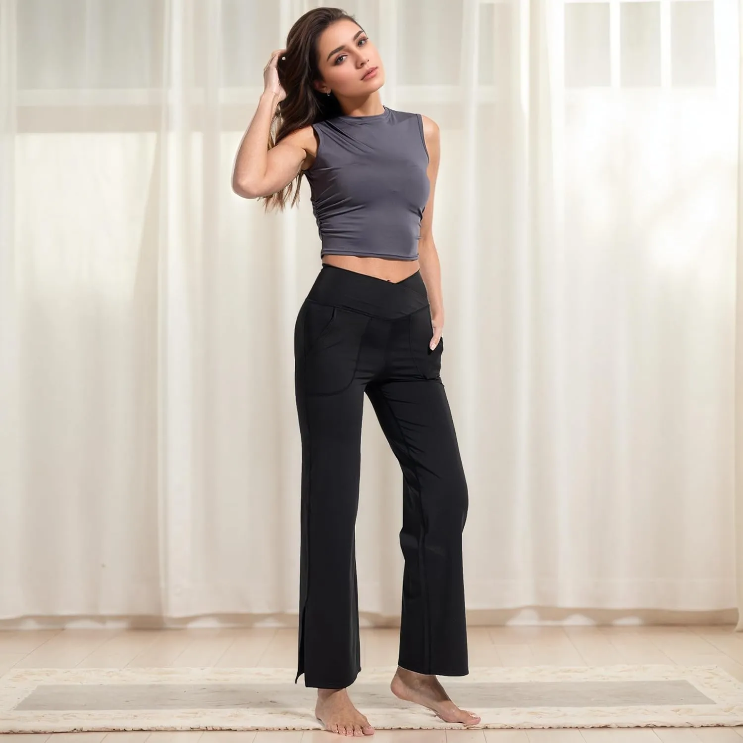 YUSHOW Womens Wide Yoga Pants with Pockets Crossover Black Yoga Pants High Waist