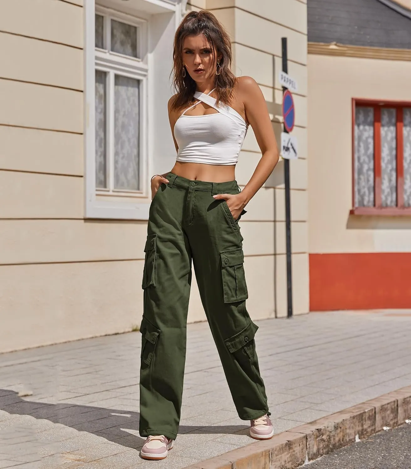 ZMPSIISA Women Pants High Waisted Cargo Pants Combat Military Wide Leg Casual Trousers 8 Pockets