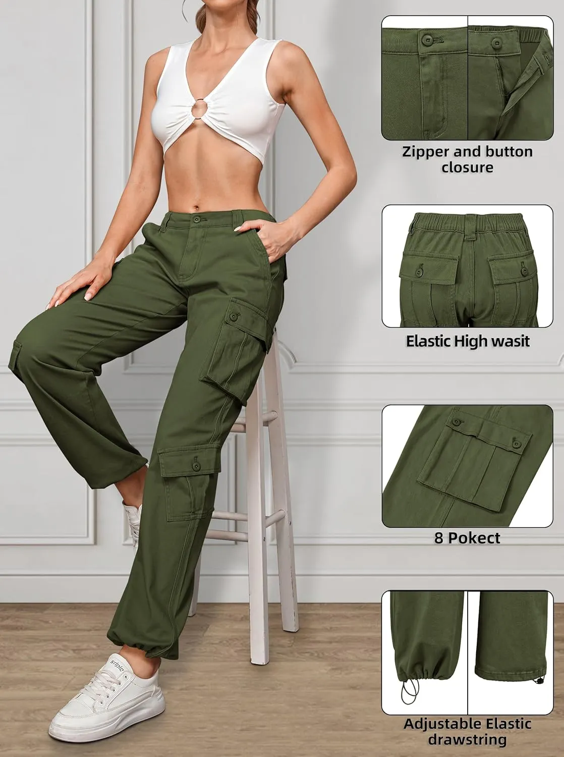ZMPSIISA Women Pants High Waisted Cargo Pants Combat Military Wide Leg Casual Trousers 8 Pockets