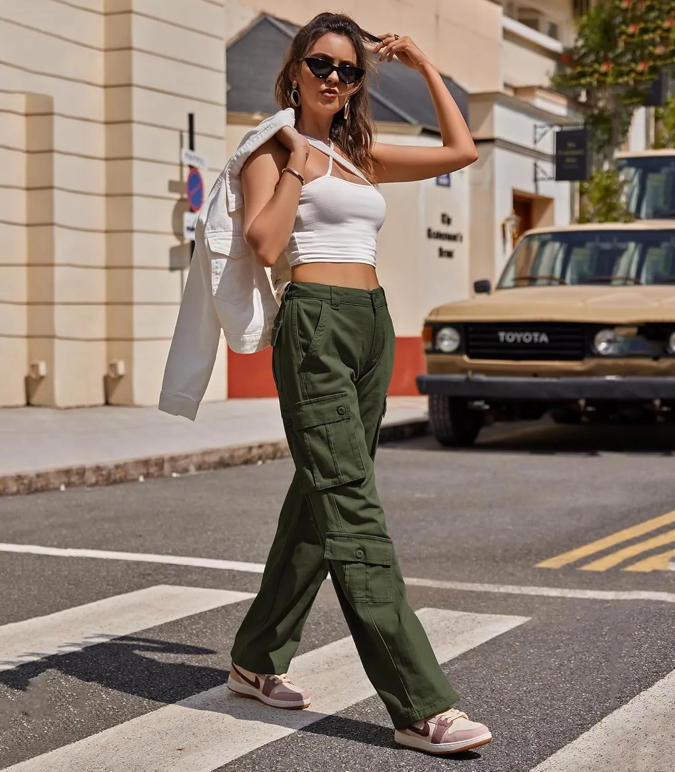 ZMPSIISA Women Pants High Waisted Cargo Pants Combat Military Wide Leg Casual Trousers 8 Pockets