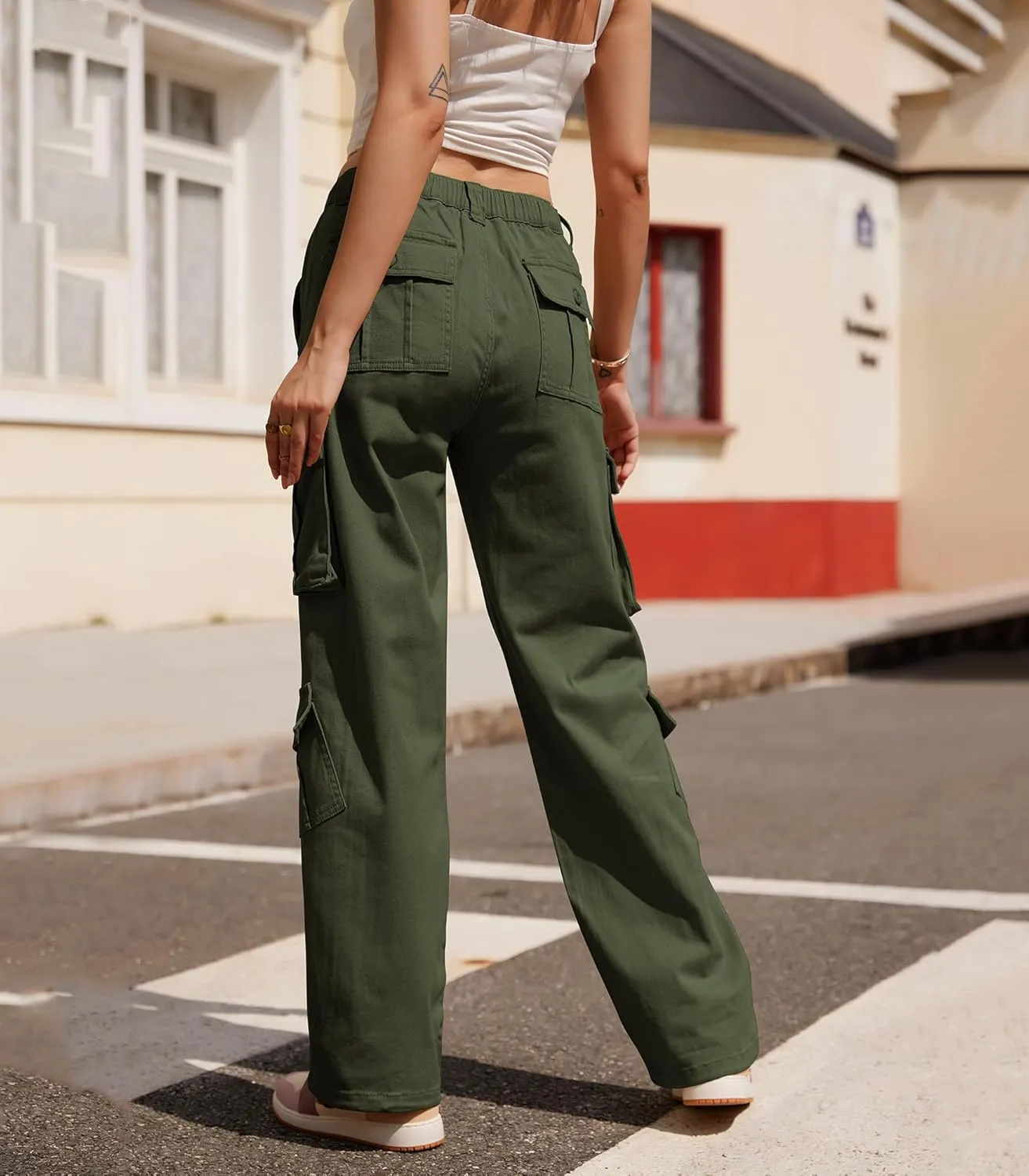ZMPSIISA Women Pants High Waisted Cargo Pants Combat Military Wide Leg Casual Trousers 8 Pockets