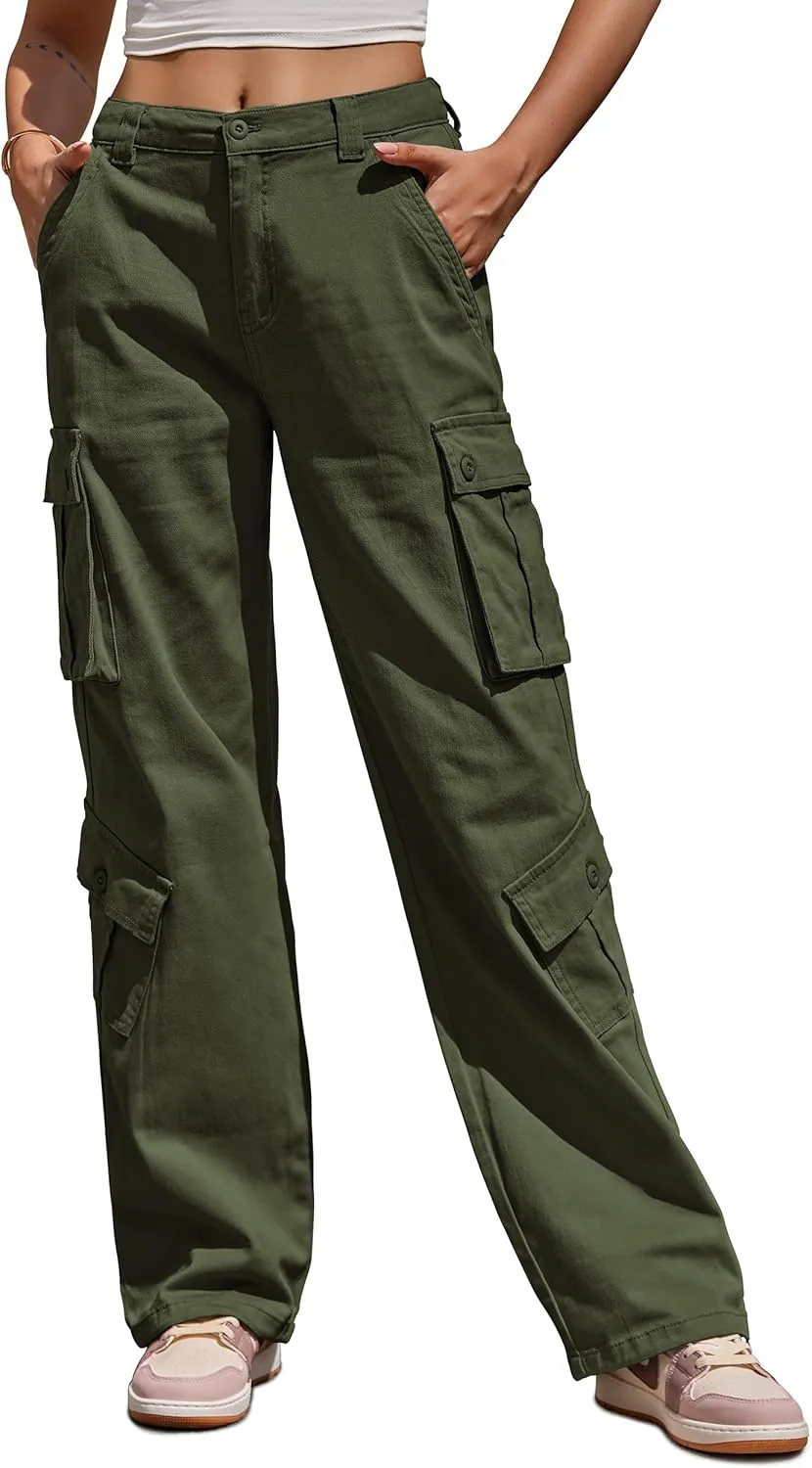 ZMPSIISA Women Pants High Waisted Cargo Pants Combat Military Wide Leg Casual Trousers 8 Pockets